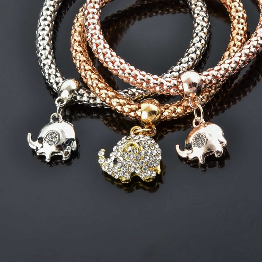 Set of 3 Braided Metal Charm Bracelets with Crystal Elephant Pendants